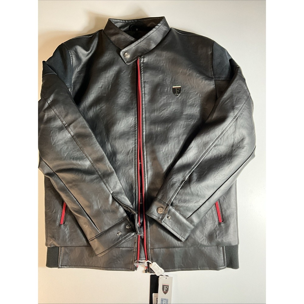 NWT F Collections Men's Medium Black Faux Leather Moto Jacket Red Zippers